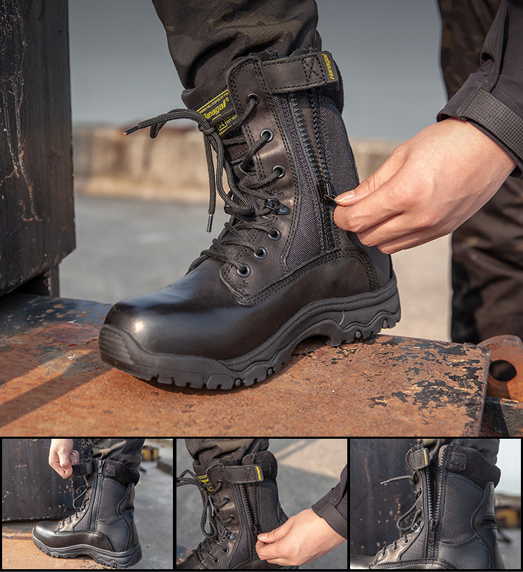 YKK Zipper Full Grain Leather Police Boots